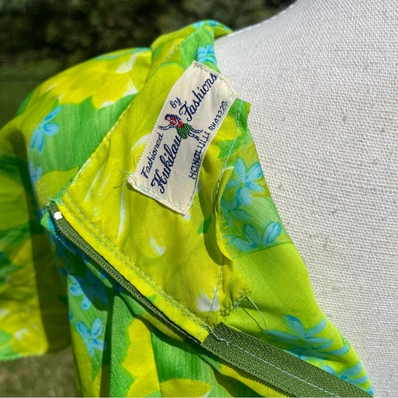 BEAUTIFUL Vintage Hawaiian Green Yellow Floral Print Flutter Sleeve Maxi Dress - Picture 5 of 8
